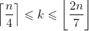 \left \lceil \frac{n}{4} \right \rceil \leqslant k \leqslant \left \lfloor \frac{2n}{7} \right \rfloor